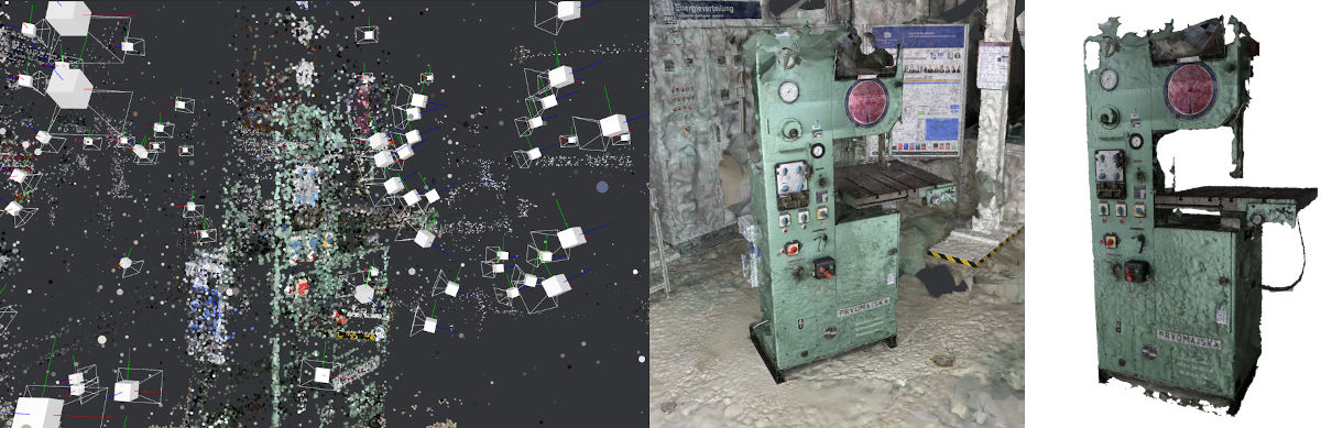links: berechnete Kamerapositionen und Punktewolke, mittig: Ergebnis der Rekonstruktion, rechts: bereinigtes Ergebnis||© Hendrik Unger (TU Chemnitz)
